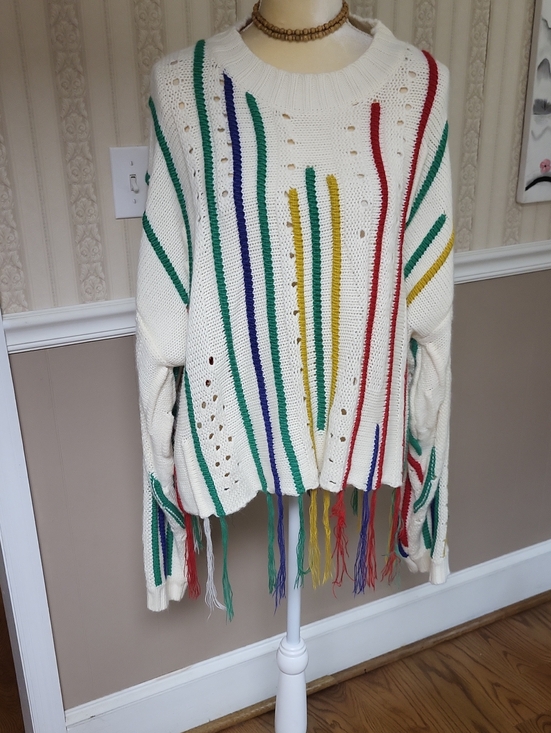 DAVI & DANI Sweaters - DAVI & DANI Cream Fringe Crewneck Sweater with Multicolor Stripes, Large